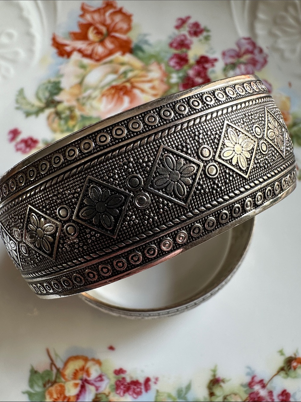 Vintage-Inspired Silver Floral Etched Bangle Bracelet slightly un-shaped